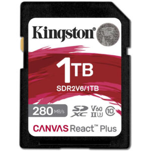 Kingston 1TB SDR2 V60 UHS-II Canvas React Plus V60 SD memory Card UHS-II U3 V60 up to 280MB/s read and 150MB/s write for DSLRs mirrorless cameras and 4K video produc