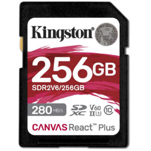 Kingston 256GB SDR2 V60 UHS-II Canvas React Plus V60 SD memory Card UHS-II U3 V60 up to 280MB/s read and 150MB/s write for DSLRs mirrorless cameras and 4K video prod