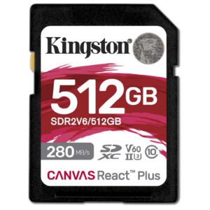 Kingston 512GB SDR2 V60 UHS-II Canvas React Plus V60 SD memory Card UHS-II U3 V60 up to 280MB/s read and 150MB/s write for DSLRs mirrorless cameras and 4K video prod