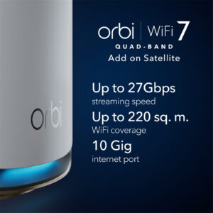 Netgear Orbi RBE970 BE27000 Quad-Band WiFi 7 Add-on Satellite - White > Networking > Routers > Mesh Routers - NZ DEPOT