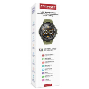 Promate XWATCH-R19.MNG  IP67 Sport Watch with 1.53" Round Screen & BT Calling. Fitness TrackerPedometer Blood Presure Prediction Heart Rate Real Time Smart Notificat