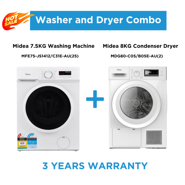 Exquisite Life Washer &Amp; Dryer Combo - 7.5 Kg Washer Plus 8Kg Condenser Dryer - Combos - Mfe75-Js1412/C31E-Au(25)+Mdg80-C05/B05E-Au(2) - Nz Depot