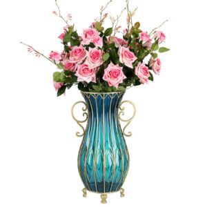 SOGA 51cm Blue Glass Tall Floor Vase with 12pcs Pink Artificial Fake Flower Set, Home & Living, Home Decor, Vases, , ,  - NZ DEPOT 1