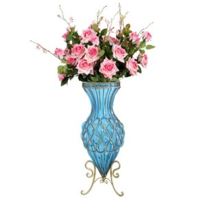 Soga 67Cm Blue Glass Tall Floor Vase And 12Pcs Pink Artificial Fake Flower Set Vase0053Bluewpinkf12 Nz Depot - Nz Depot