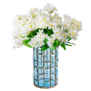 SOGA Blue Glass Cylinder Flower Vase with 10 Bunch 6 Heads Artificial Fake Silk Lilium nanum Home Decor Set, Home & Living, Home Decor, Vases, , ,  - NZ DEPOT 1