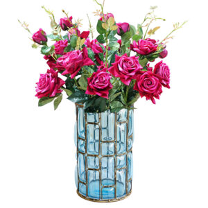 Soga Blue Glass Cylinder Flower Vase With 8 Bunch 5 Heads Artificial Fake Silk Rose Home Decor Set Yg3264 F008 Nz Depot - Nz Depot