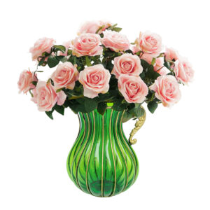 Soga Green Colored Glass Flower Vase With 4 Bunch 9 Heads Artificial Fake Silk Rose Home Decor Set Yg8043G F001 Nz Depot - Nz Depot