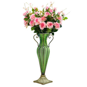 SOGA Green Colored Glass Flower Vase with 6 Bunch 5 Heads Artificial Fake Silk Rose Home Decor Set, Home & Living, Home Decor, Vases, , ,  - NZ DEPOT 1