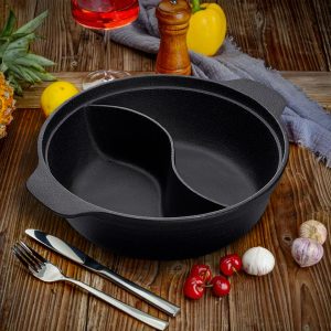 SOGA 2X 32CM Round Cast Iron Shabu Shabu Hotpot Beef Chicken Stew Wok Two-Flavor Division, Home & Living, Kitchen & Dining, Cookware, Frying Pans, ,  - NZ DEPOT 2