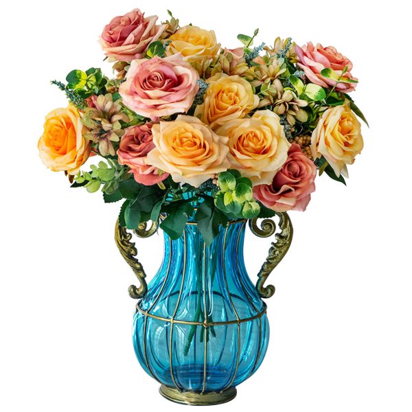 SOGA Blue Colored Glass Flower Vase with 4 Bunch 11 Heads Artificial Fake Silk Rose Home Decor Set, Home & Living>Home Decor>Vases, , , , ,  - NZ DEPOT 1