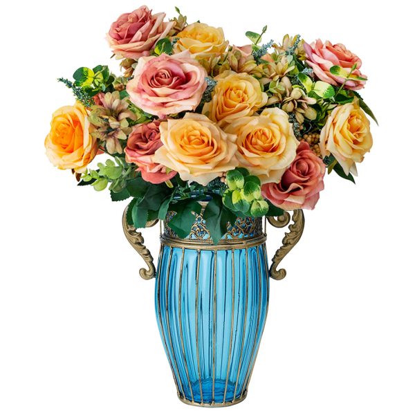 SOGA Blue Colored Glass Flower Vase with 4 Bunch 11 Heads Artificial Fake Silk Rose Home Decor Set, Home & Living>Home Decor>Vases, , , , ,  - NZ DEPOT 1