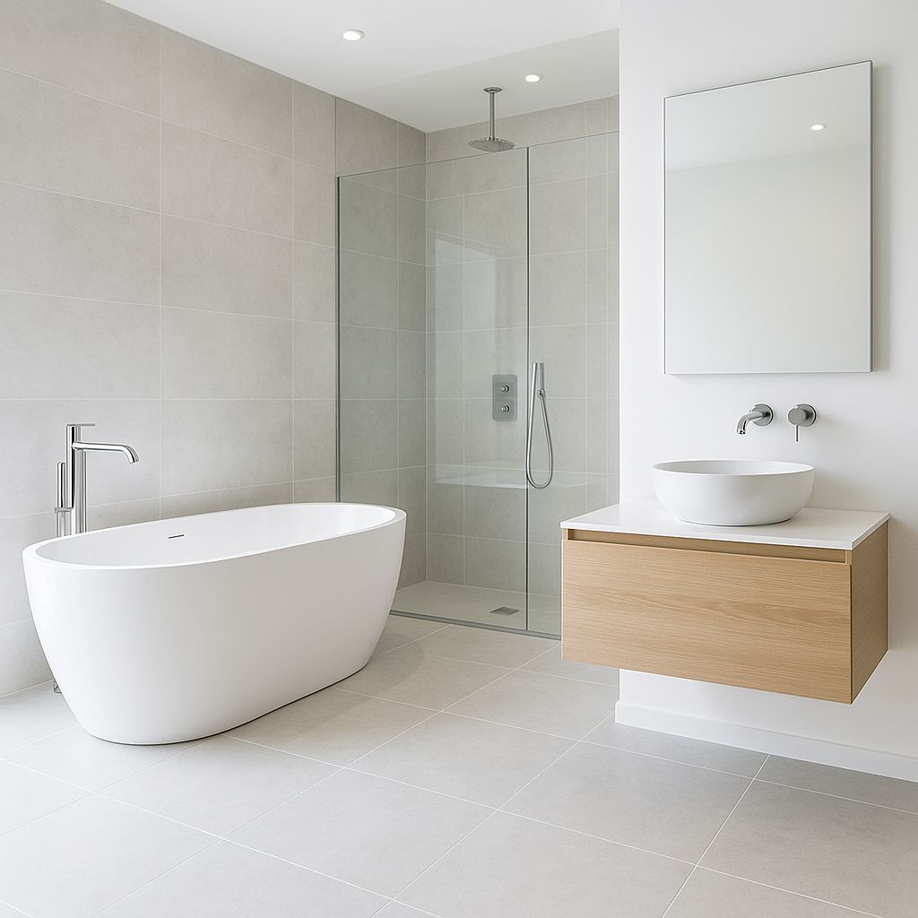 A modern bathroom showroom in NZ displaying luxury bathroom supplies, including a freestanding tub, vanity, and shower unit.