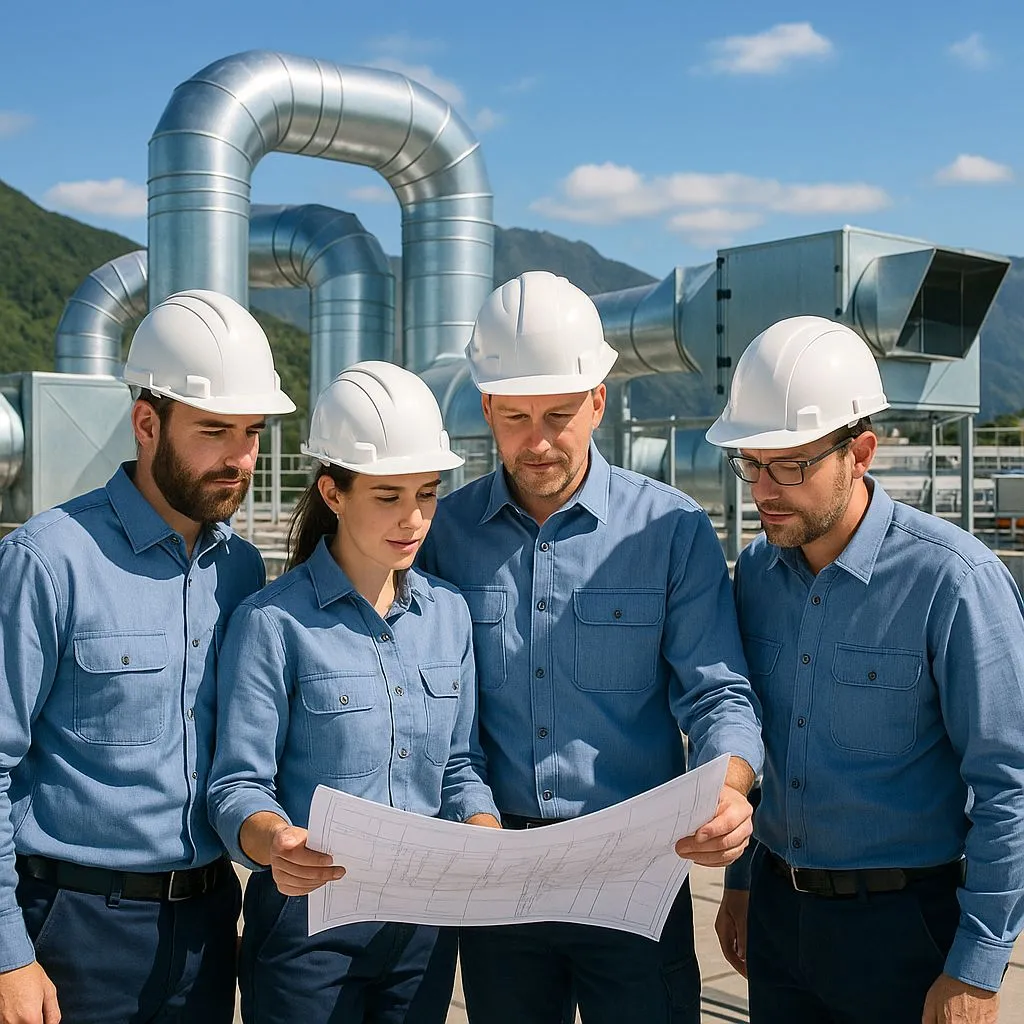 A team of expert HVAC contractors discussing a detailed commercial HVAC quote NZ.