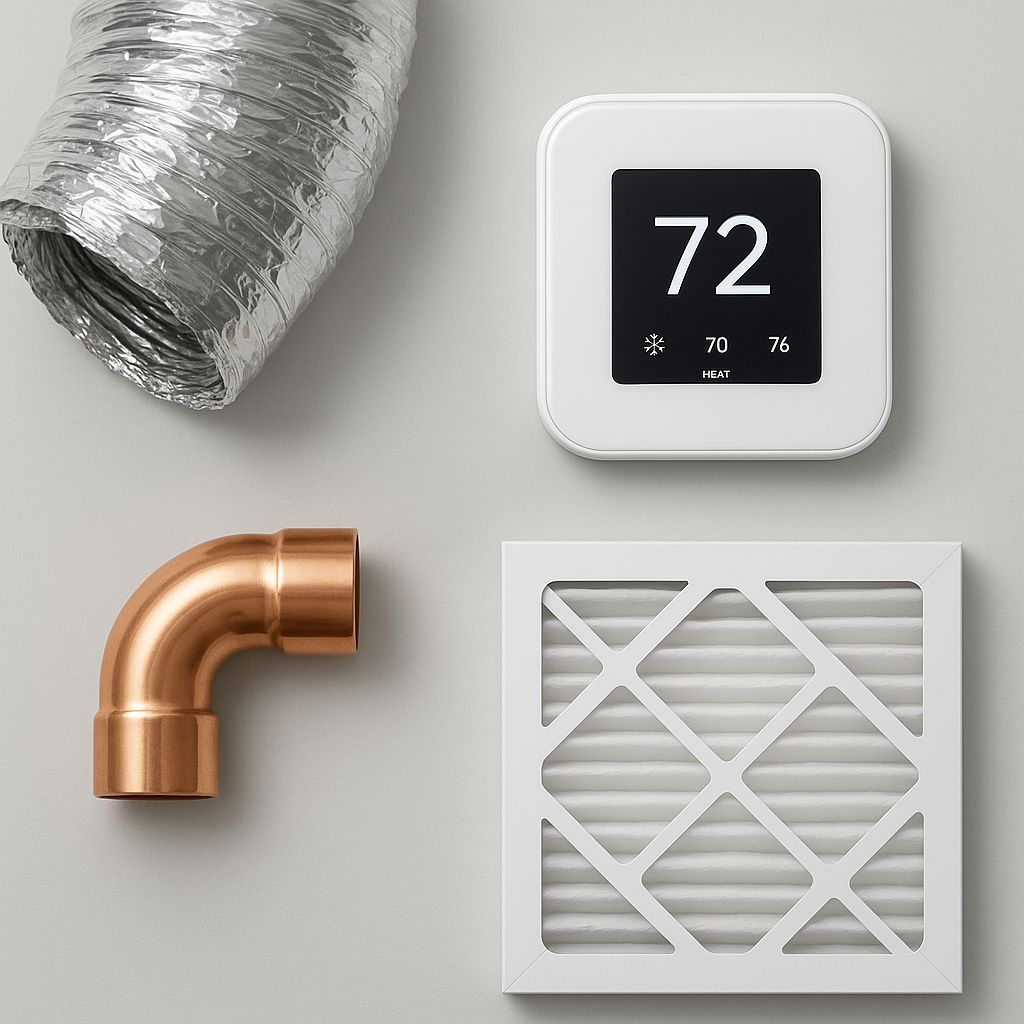 A collection of modern HVAC supplies in NZ, including a smart thermostat, ducting, and copper fittings.