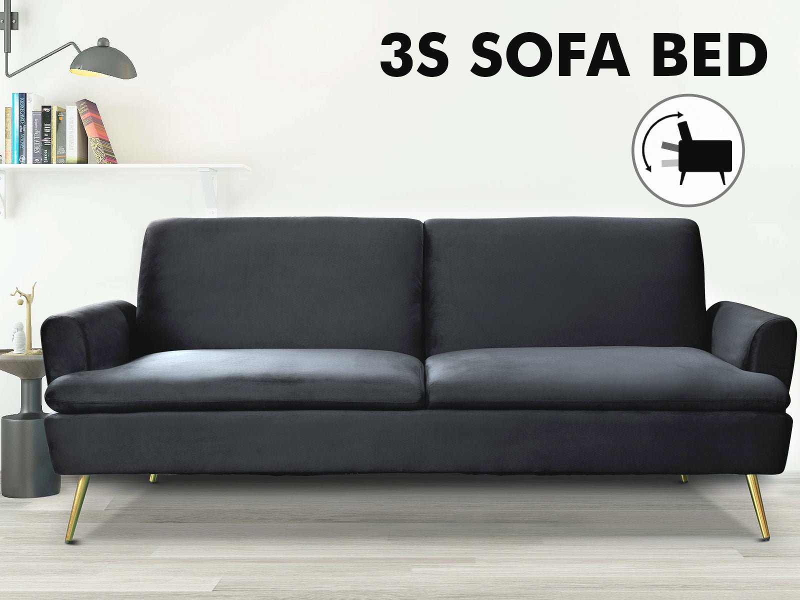 Gyllene Velvet Sofa Bed - Black - Living Room - PR8689 - 2 - NZ DEPOT Trade Supply Buy Gyllene Velvet Sofa Bed - Black Online - Living Room - 2 - NZ Depot Delivery