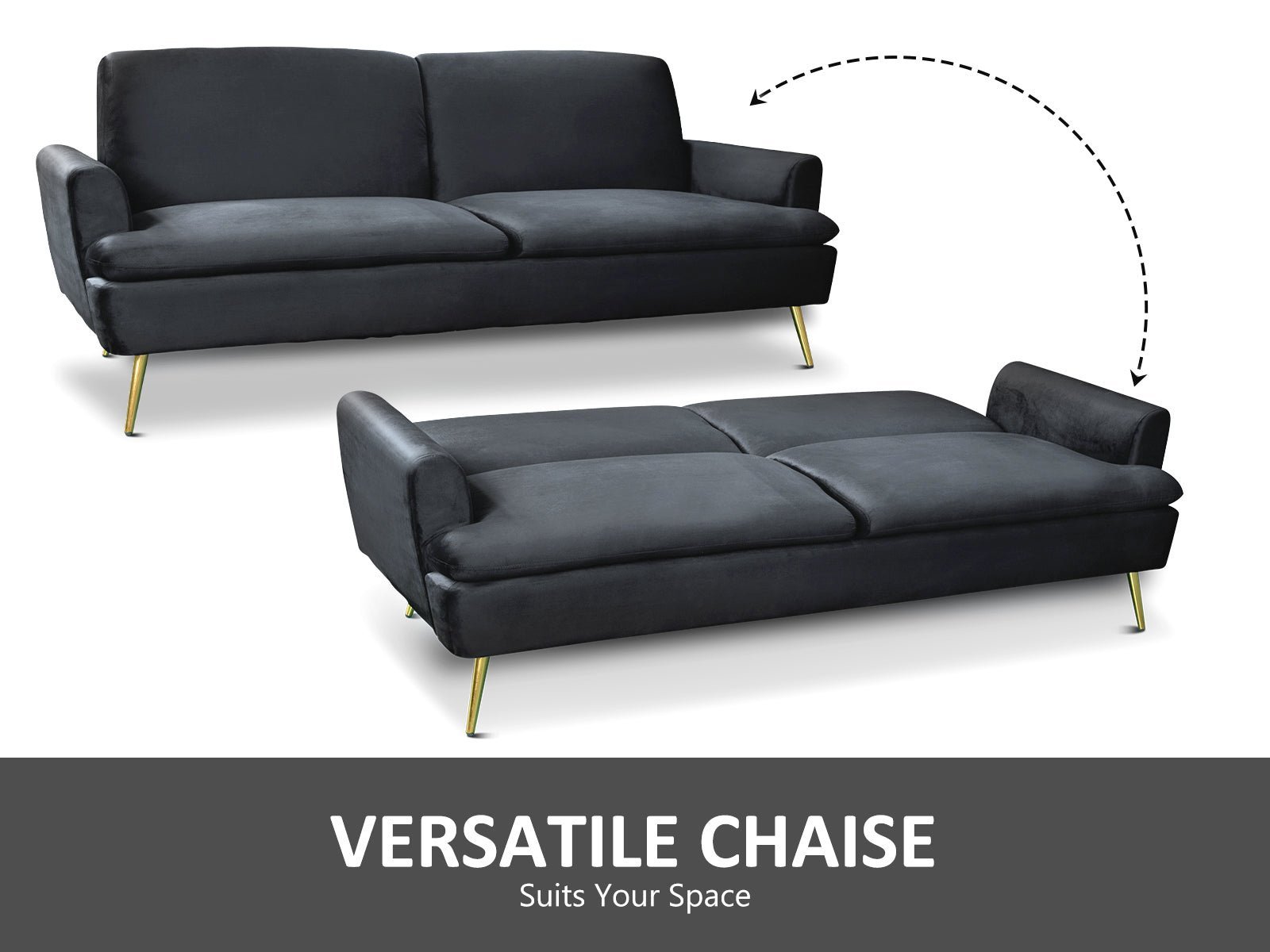 Gyllene Velvet Sofa Bed - Black - Living Room - PR8689 - 4 - NZ DEPOT Trade Supply Buy Gyllene Velvet Sofa Bed - Black Online - Living Room - 4 - NZ Depot Delivery