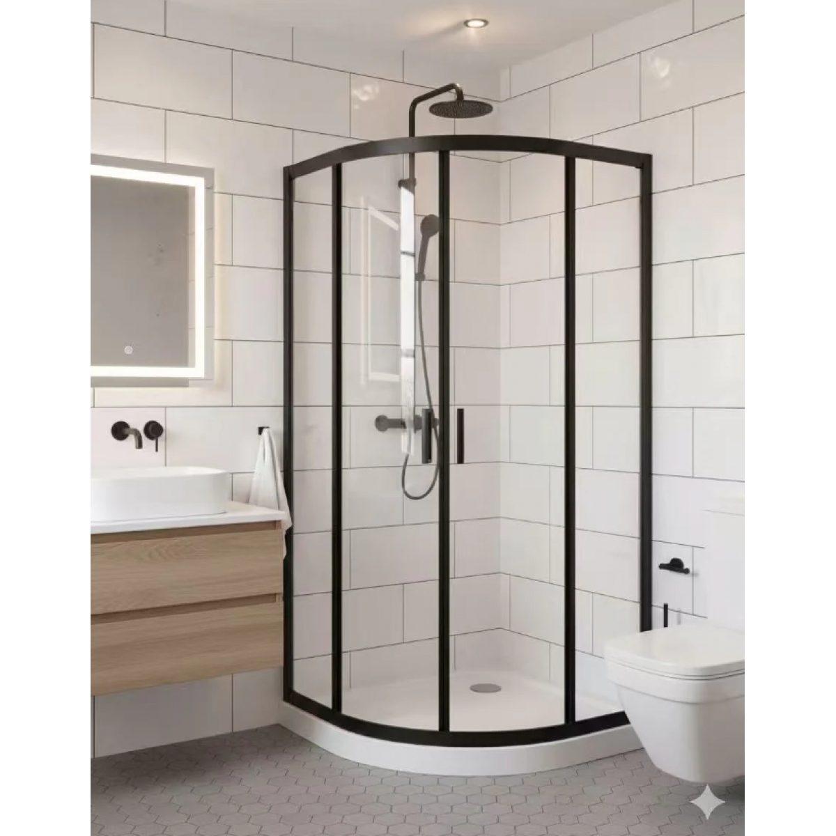 Shower Glass - ZENITH Series ROUND FRONT Twin Sliding Doors (900x900x1950mm) - Matt Black - Crest900 Round Black - Shower Enclosures - 2 - NZ DEPOT Bathroom Buy Shower Glass - ZENITH Series ROUND FRONT Twin Sliding Doors (900x900x1950mm) - Matt Black Online - Shower Enclosures - Curve Shower - 2 - NZ Depot Delivery