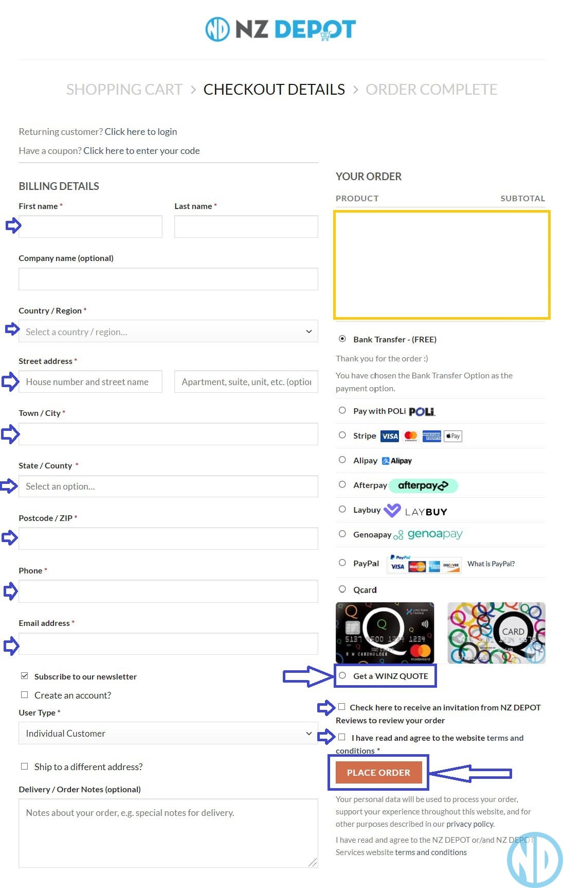 How to select Get a Winz Quote option at WooCommerce Checkout
