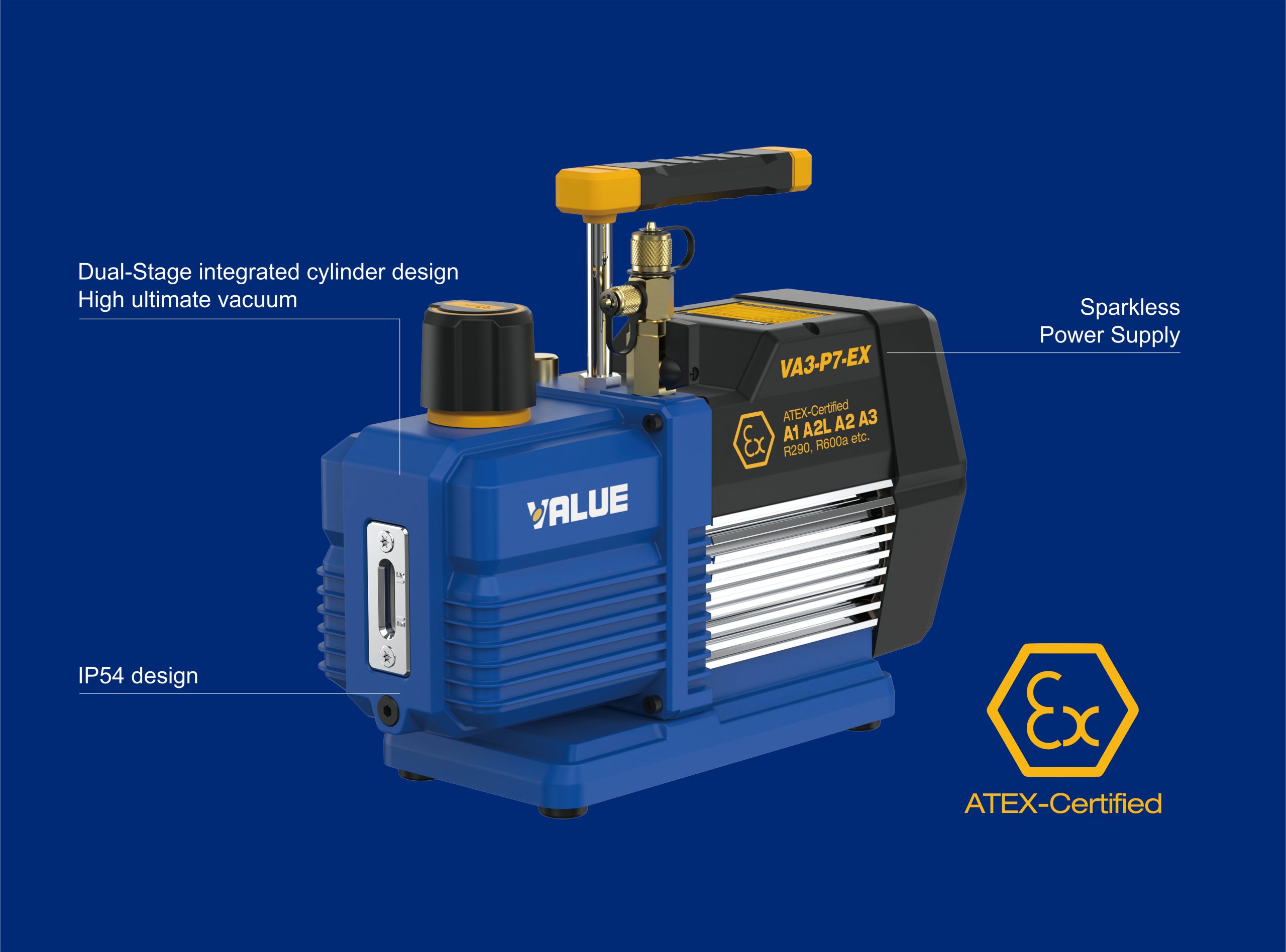 Value - Vacuum Pump For A1, A2, R290, R600A Etc. VA3-P7-EX | Vacuum Pumps 1 Buy Value - Vacuum Pump For A1, A2, R290, R600A Etc. VA3-P7-EX Front View