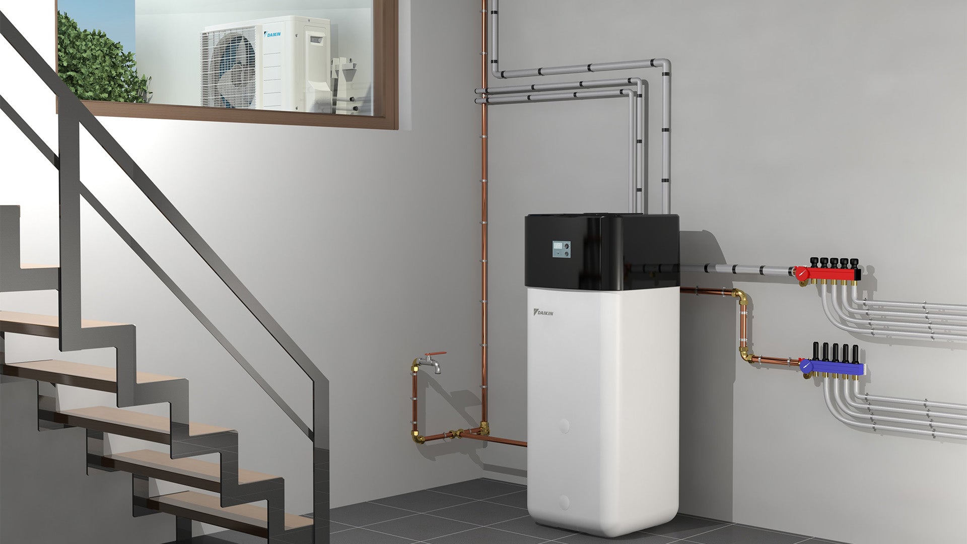 Daikin Altherma Indoor ALTHERMA-R-HW-COMMERCIAL Daikin Altherma Outdoor Heat Pump Unit ALTHERMA-R-HW-COMMERCIAL - Lifestyle View, Wellington