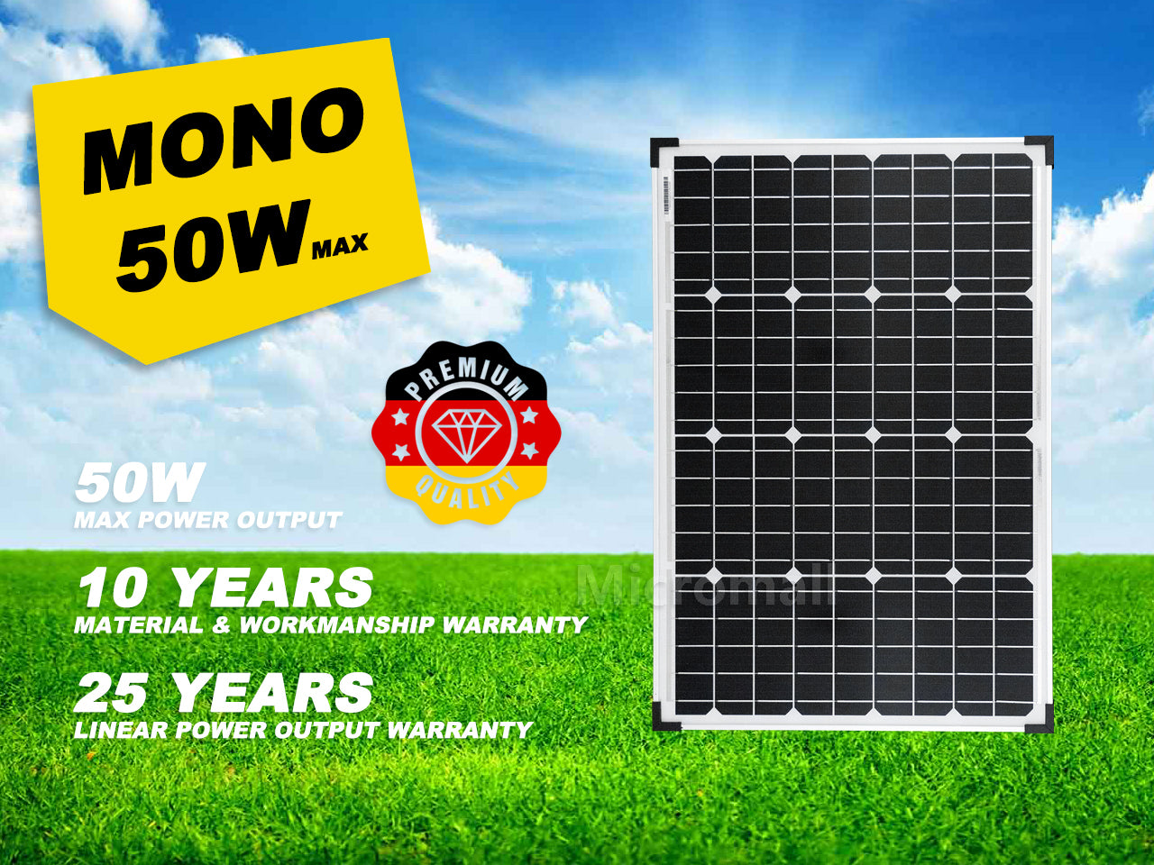 Premium Grade A+ 50W Mono Crystalline Solar Panel 12V to 18V 1 Premium Grade A+ 50W - SL-MONO50W front view | NZ Depot