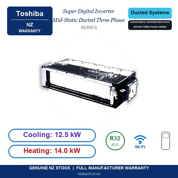 Toshiba 12.5kW Super Digital Inverter Mid-Static Ducted Three Phase Heat Pump Air Conditioner - Complete Set (Indoor + Outdoor) (side profile) Toshiba 12.5kW Super Digital Inverter Mid-Static Ducted Three Phase - GP1401AT8B side profile | NZ Depot