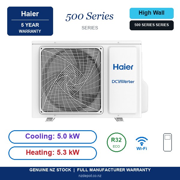 Haier 5kW 500 Series Air Conditioner Heat Pump - Complete Set (Indoor + Outdoor) (side profile) Haier 5kW 500 Series - AS50PFHRA-SET side profile | NZ Depot