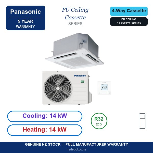 Panasonic 14kW PU Ceiling Cassette Compact Three Phase Air Conditioner Heat Pump - Complete Set (Indoor + Outdoor) (side profile) Panasonic 14kW PU Ceiling Cassette Compact Three Phase - S-1014PU3E-U-140PZ4R8-SET side profile | NZ Depot