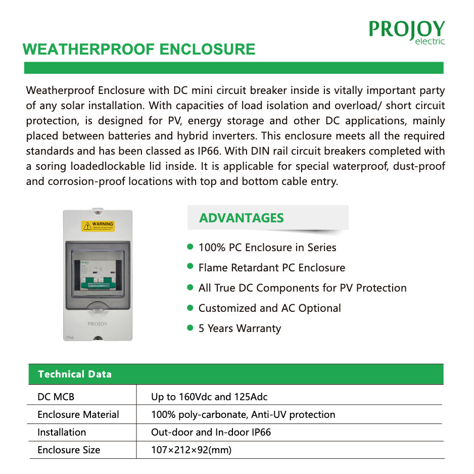 PROJOY DC Circuit Breaker PEMC-250 500V 160A 2P with Waterproof Enclosure (product photo) PROJOY DC Circuit Breaker - SURGE-PEMC-160 product photo | NZ Depot