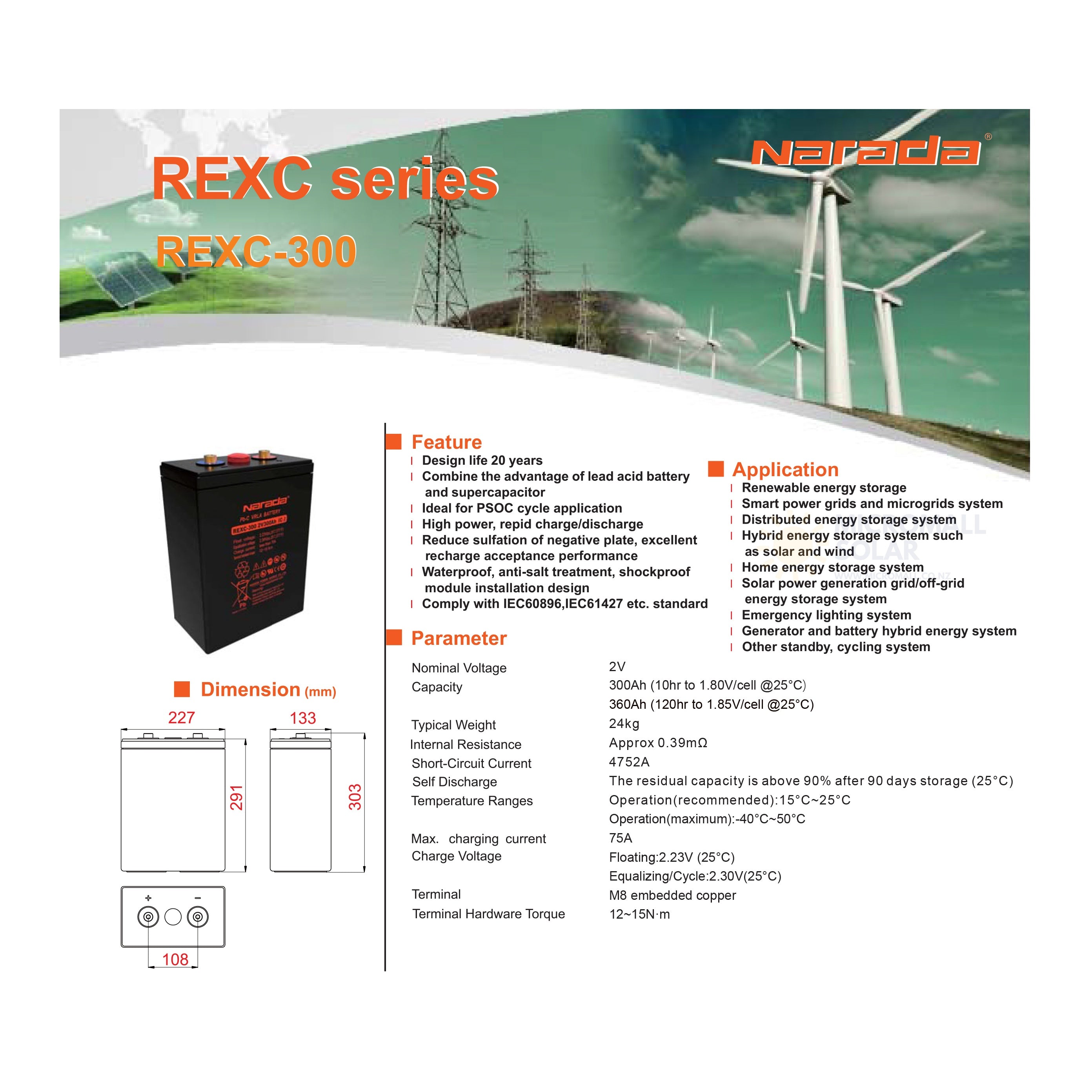 Narada REXC-300 2V 300Ah Ultra Lead Carbon Deep Cycle Solar Battery (detail view) Narada REXC-300 2V 300Ah - BTN-2V300 detail view | NZ Depot