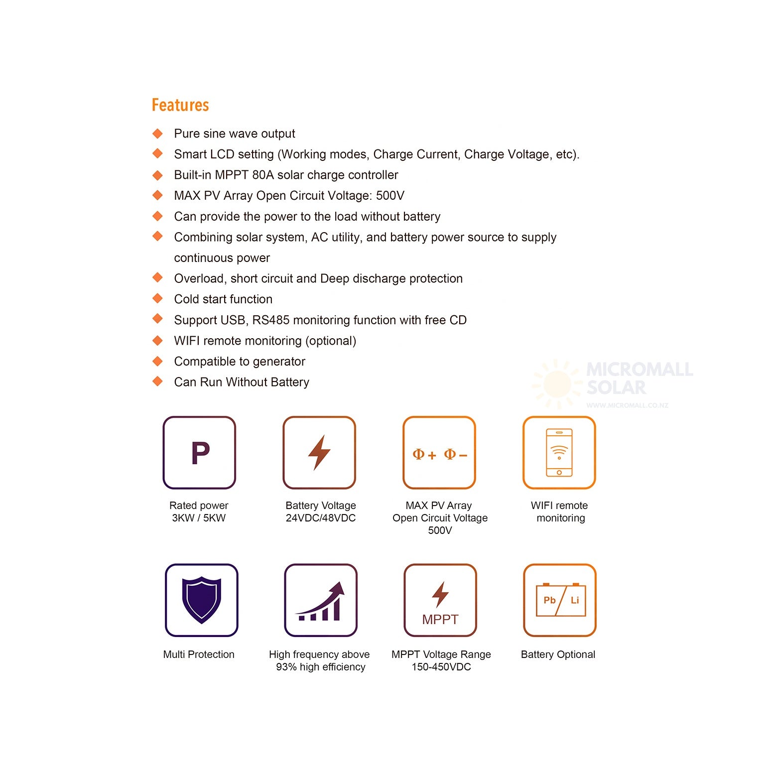 Mustpower PV18-5248 PRO 48V 5200W High Frequency Off Grid Solar Inverter (product photo) Mustpower PV18-5248 PRO 48V - IV-PV18-5248PRO product photo | NZ Depot