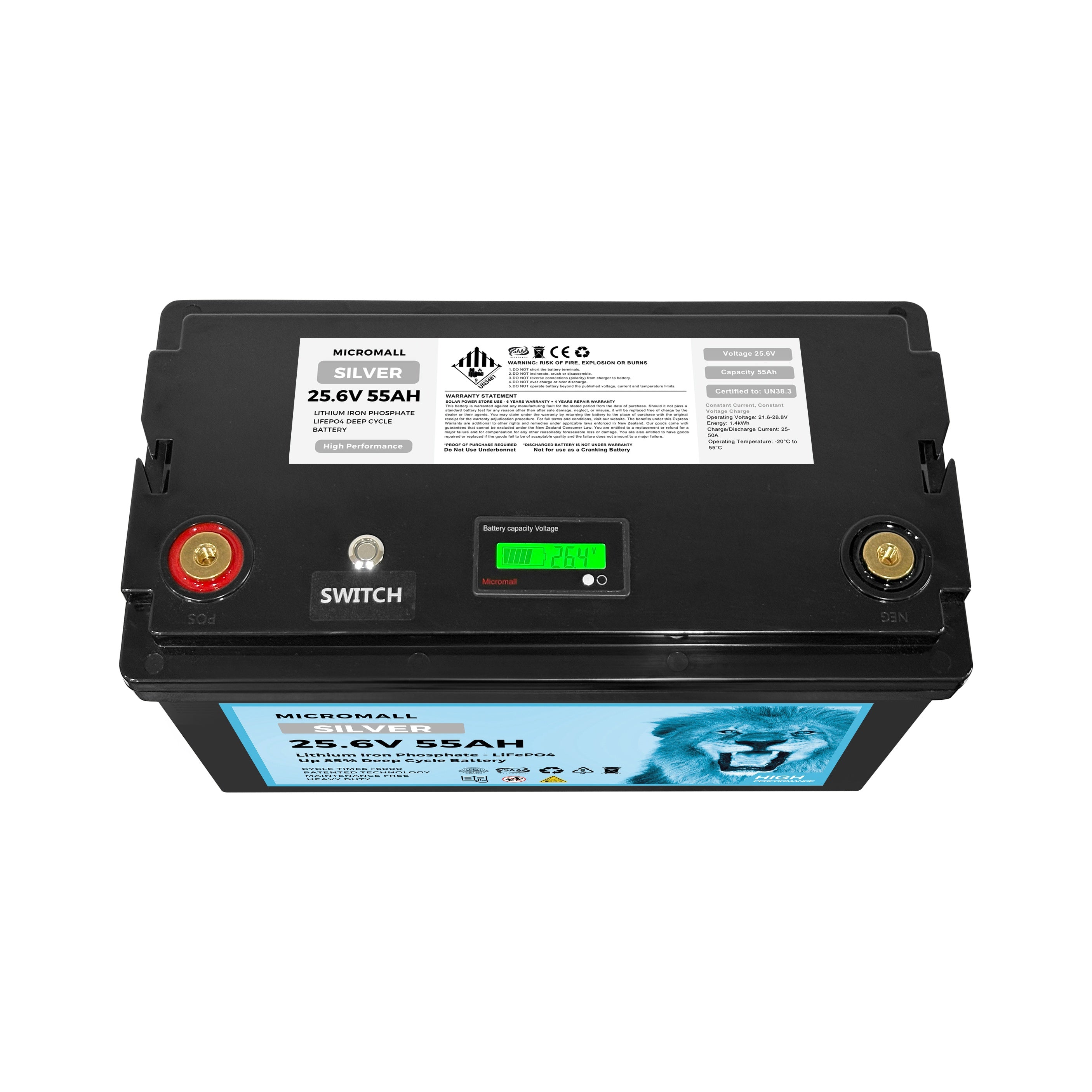 Silver 24V 50Ah 55Ah Lithium Battery LiFePO4 Battery Deep Cycle Solar Battery (side profile) Silver 24V 50Ah 55Ah - BTL-24V55S side profile | NZ Depot