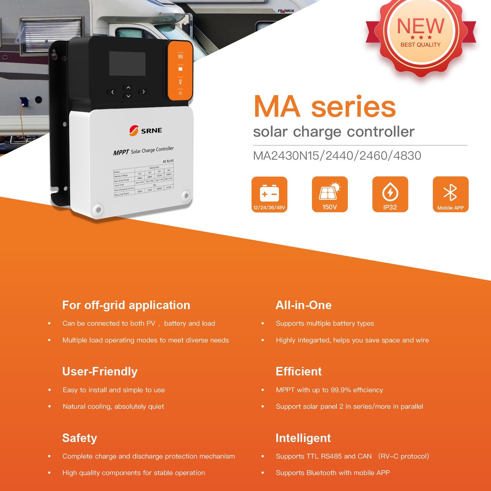 SRNE 12V 24V 60A MPPT Solar Charge Controller (product photo) SRNE 12V 24V 60A - MA2460N15 product photo | NZ Depot