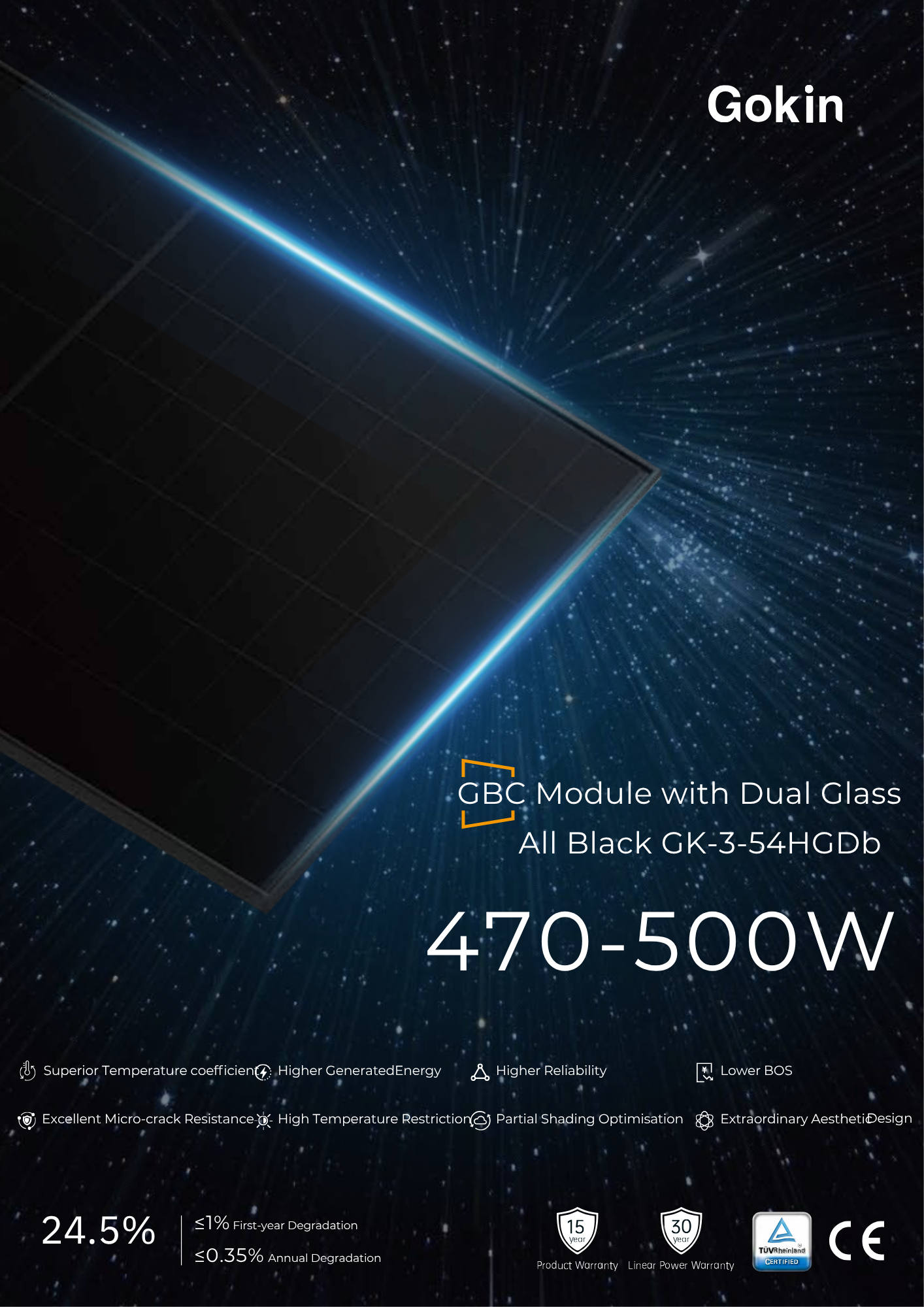 Gokin 480W Full Black Bifacial Dual Glass GBC Solar Panel GK-3-54HGDb-480W (installed view) Gokin 480W Full Black - GK-3-54HGDb-480W installed view | NZ Depot