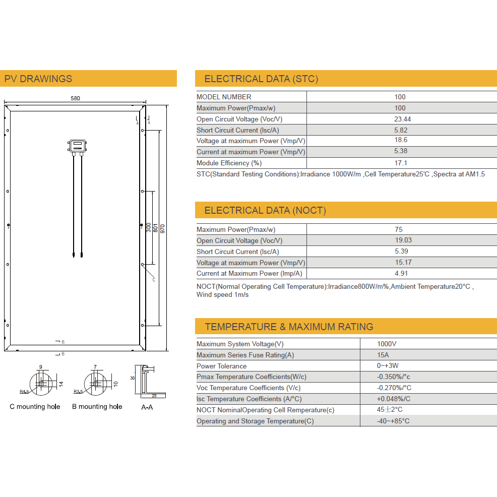 Premium Mono A+ Grade 100W Solar Panel (detail view) Premium Mono A+ Grade 100W - MONO100W-ES detail view | NZ Depot