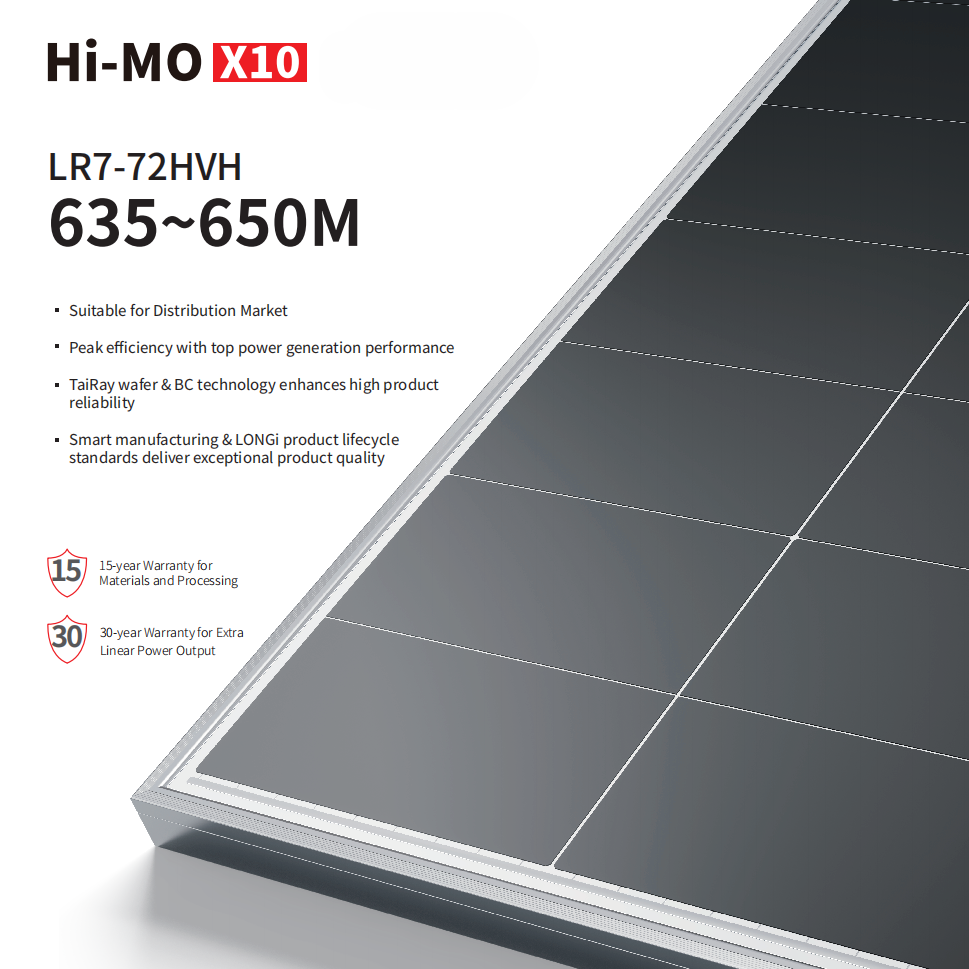 LONGi Hi-MO X10 HPBC2.0 650W Solar Panel LR7-72HVH-650M (detail view) LONGi Hi-MO X10 HPBC2.0 - MONO650W-HVH detail view | NZ Depot