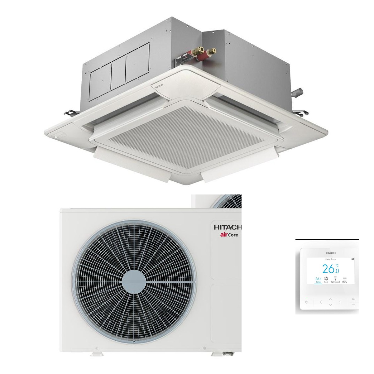 Hitachi 10kW Aircore 700 Silent Iconic Cassette Heat Pump Air Conditioner - Complete Set (Indoor + Outdoor) 1 Hitachi 10kW Aircore 700 Silent Iconic - PCI-4.0UFA1NQ-PAS-4.0UFASNQ1-SET front view | NZ Depot