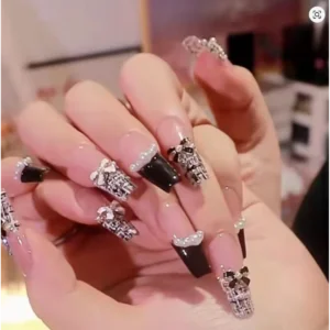 Buy 24pcs Black French Press on Nails White Bow Pearl Design Online - Homeware Clearance Sale -  - 1 - NZ Depot Delivery