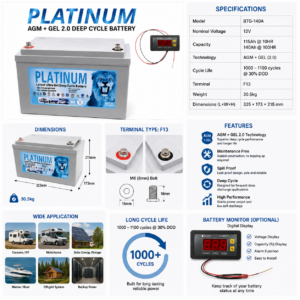 Platinum Lead Acid AGM - BTG-140A side profile | NZ Depot