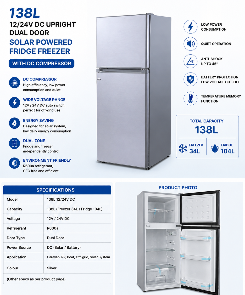 138L 12-24V DC Upright Dual Door Solar Powered Fridge Freezer with DC Compressor (side profile) 138L 12-24V DC Upright - BCD-138 side profile | NZ Depot