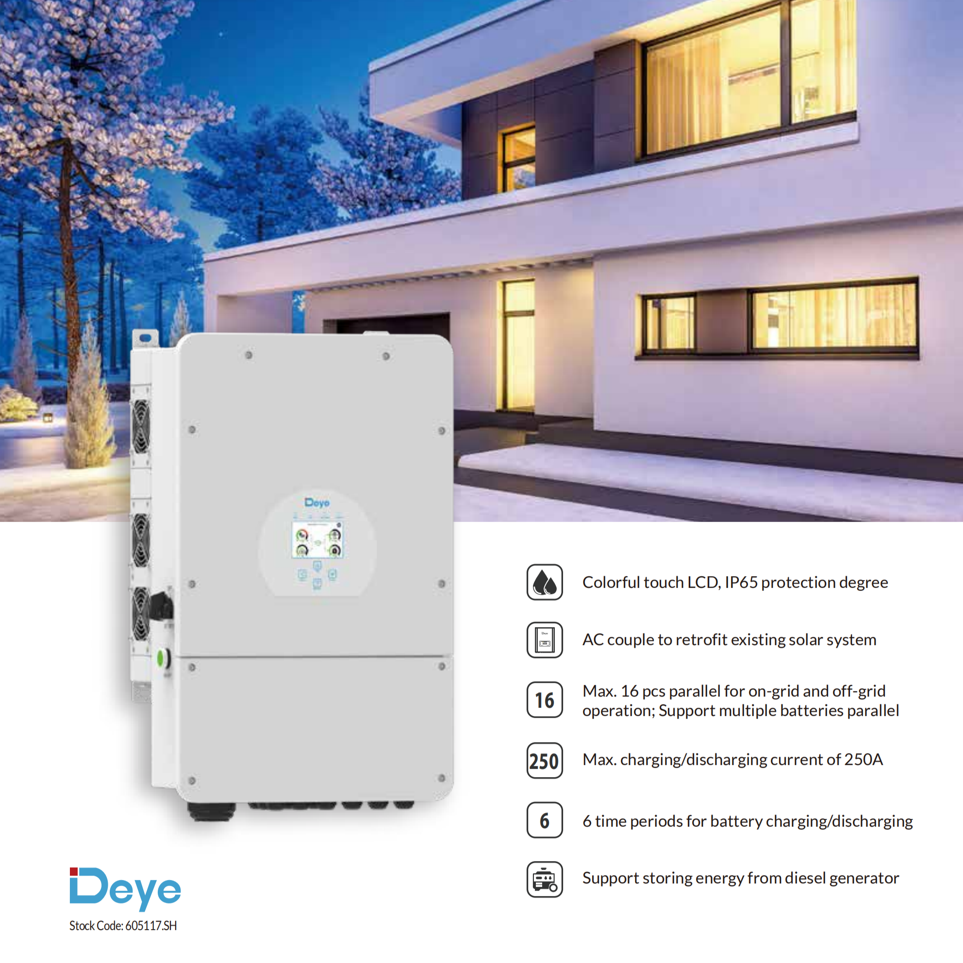 Deye 12kW Single Phase 3 MPPT Hybrid Inverter SUN-12K-SG02LP1-AU-AM3 (detail view) Deye 12kW Single Phase - SUN-12K-SG02LP1-AU-AM3 detail view | NZ Depot