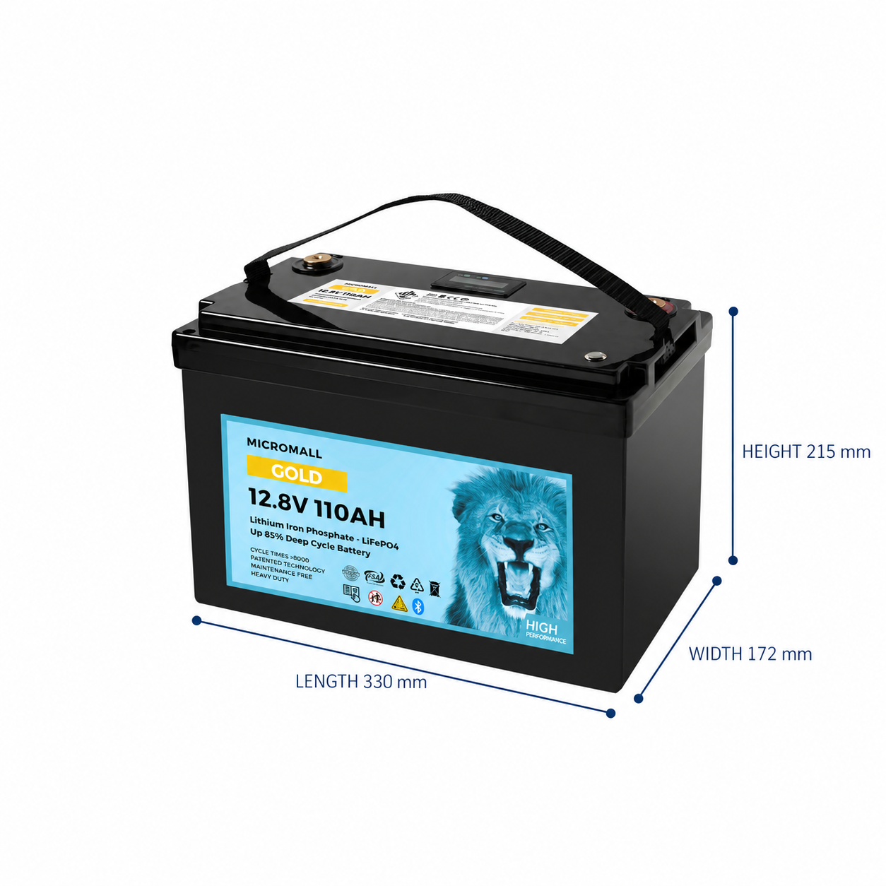 Gold 12V 100Ah 110Ah LiFePO4 Battery with BMS Bluetooth (side profile) Gold 12V 100Ah 110Ah - BTL-12V110G side profile | NZ Depot